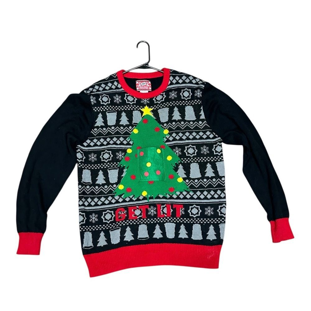 🎄 Hybrid Holiday “Get Lit”‎ Men’s Ugly Christmas Sweater w/ Beer Holder 🍻